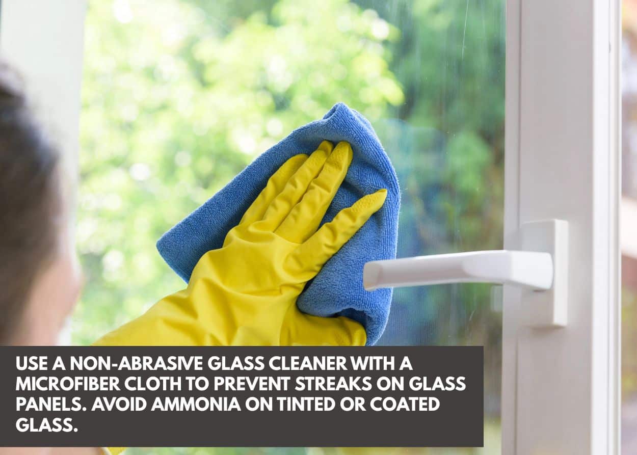 Use a non-abrasive glass cleaner with a microfiber cloth to prevent streaks on glass panels. Avoid ammonia on tinted or coated glass.