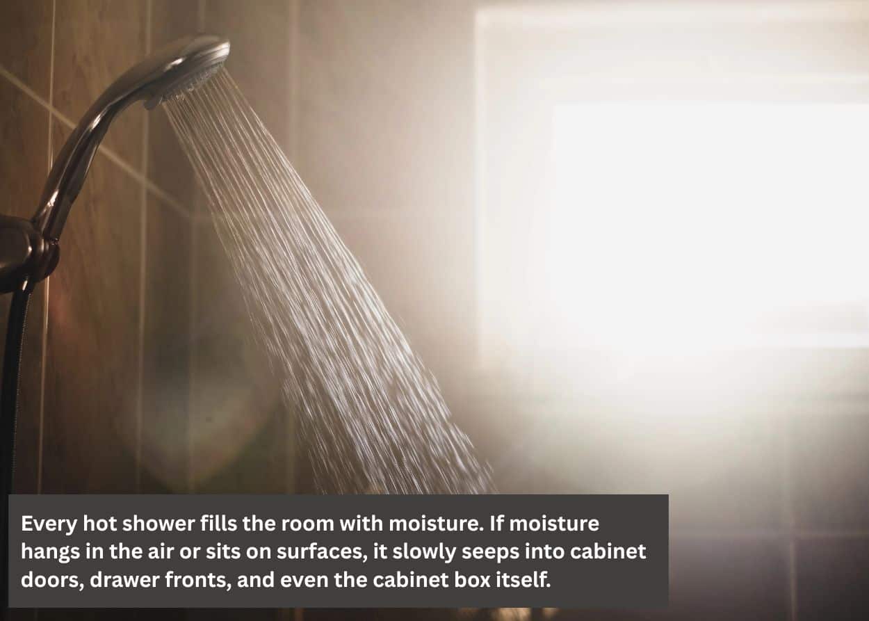 Steam from a hot shower showing how humidity affects bathroom cabinets and wood finishes. Caption: Every hot shower fills the room with moisture. If moisture hangs in the air or sits on surfaces, it slowly seeps into cabinet doors, drawer fronts, and even the cabinet box itself.