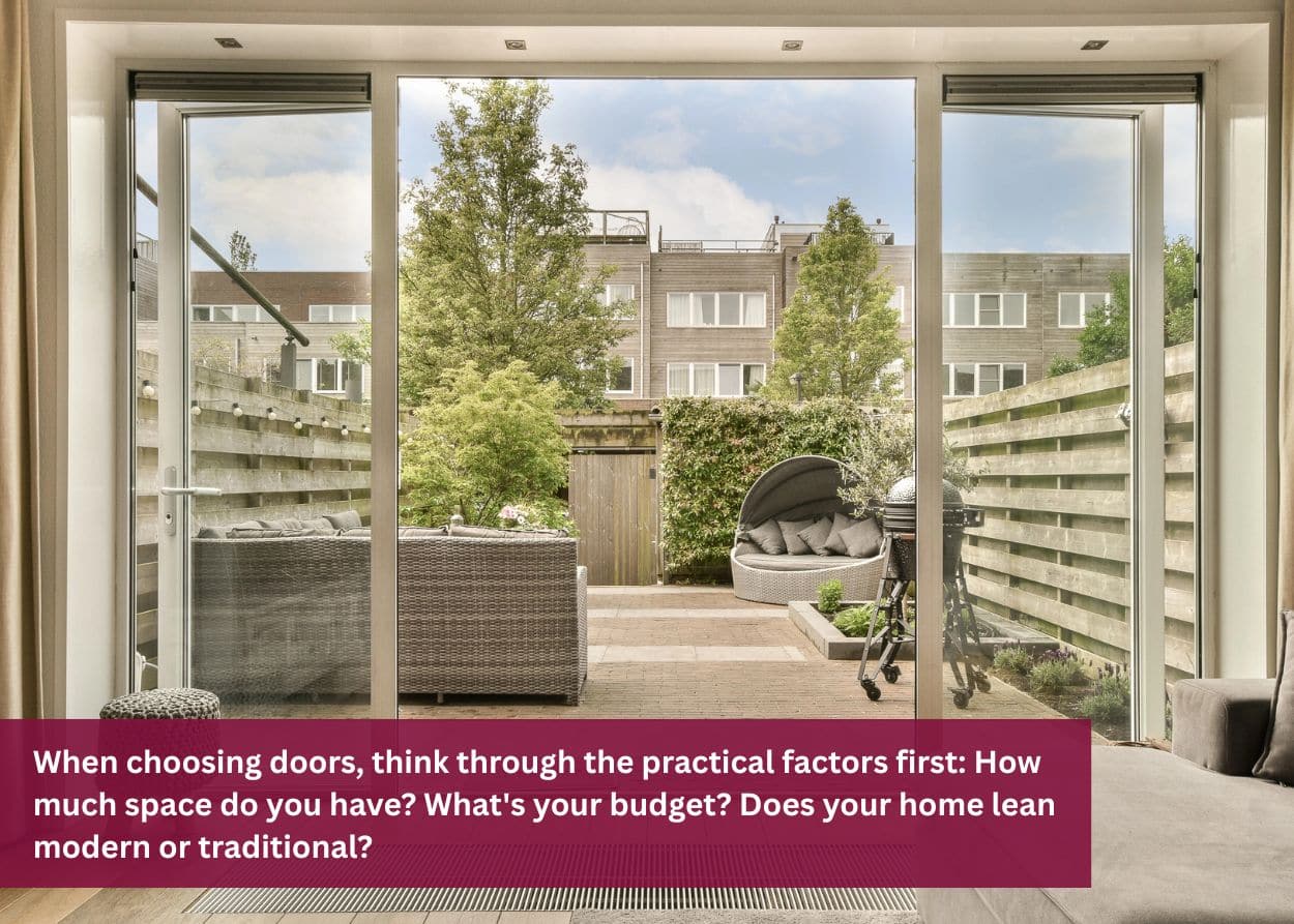 Interior view looking through patio doors into a private backyard entertaining area