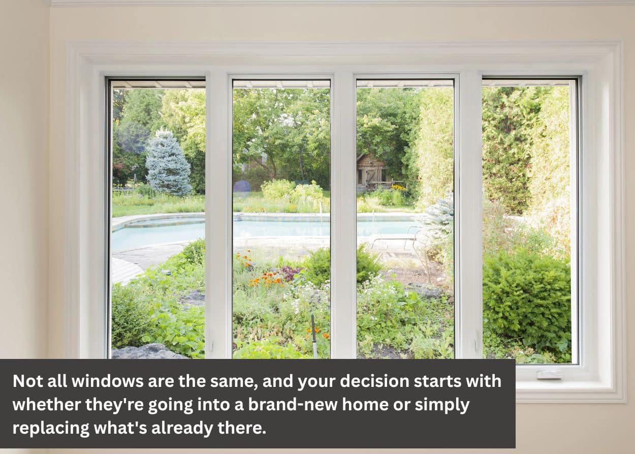 Large multi-pane window overlooking backyard garden and pool in a new construction home