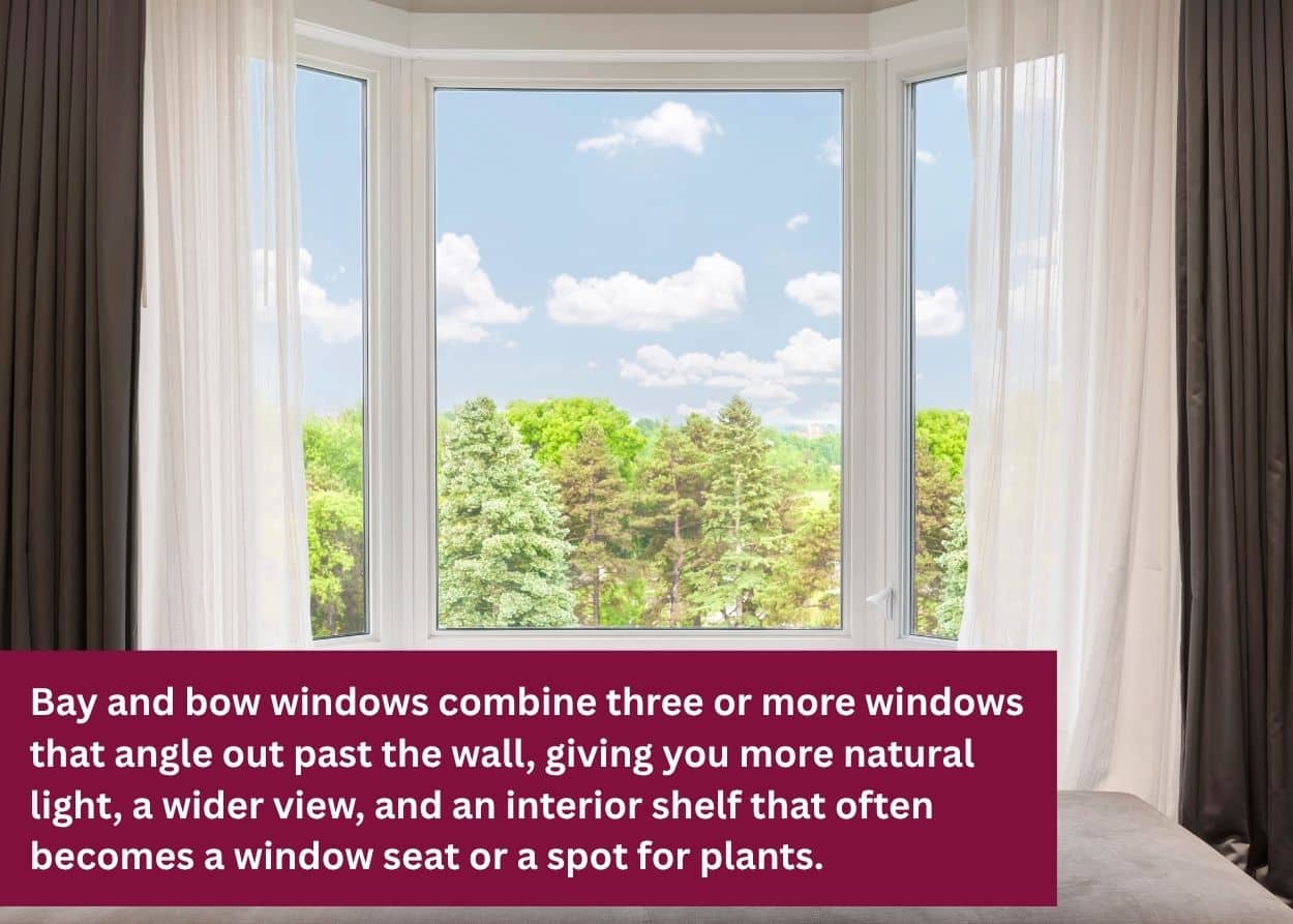 Andersen bay replacement window with three large panes overlooking a wooded landscape
